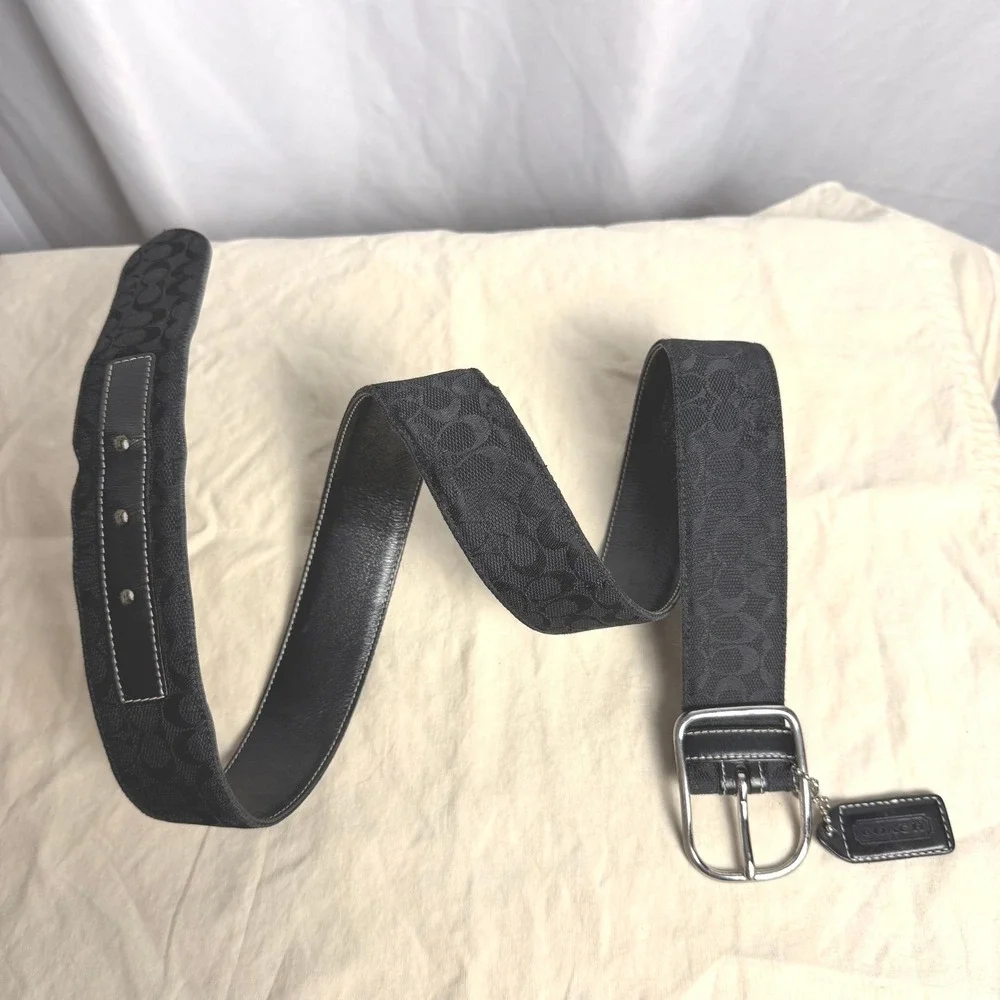 Coach Signature Jacquard Belt Large 8573 Black Silver Buckle 39in Leather